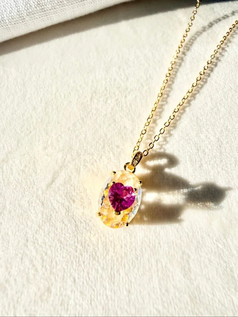 Hot Pink & Clear Cubic Zirconia Oval Pendant Necklace Gold Tone